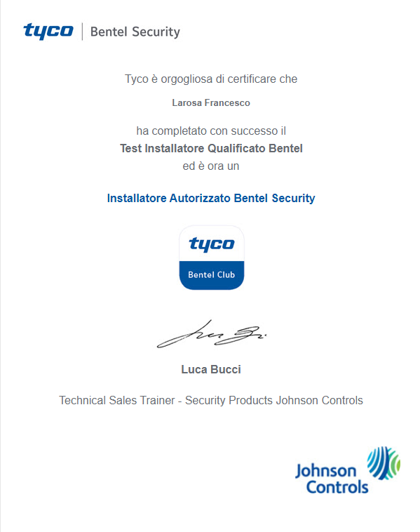 Installatore Autorizzato Bentel Security 2 certificato bentel originale 1